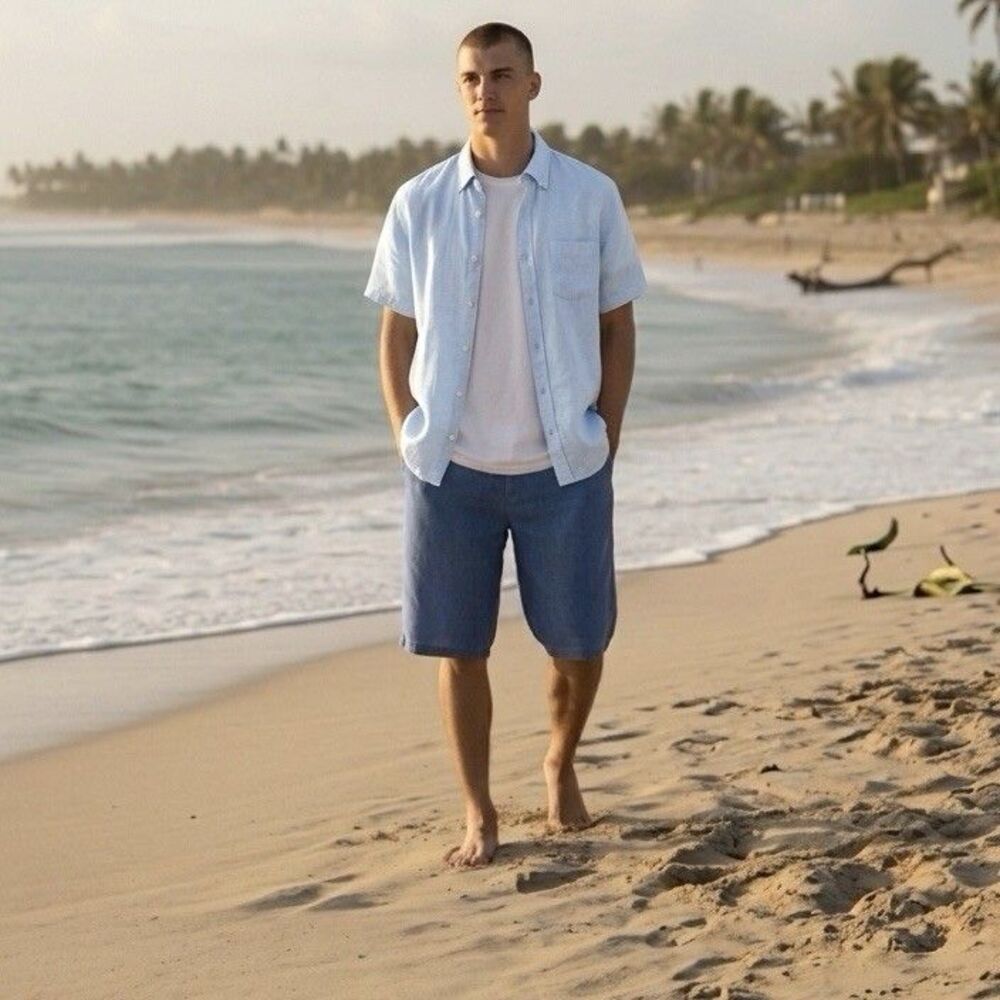 Porter & Ash Mens Blue Linen Shirt M Euro Summer Coastal Button Front Beachy